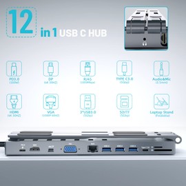 Lakewei USB C Laptop Docking Station Stand, Traveling Laptop Stand, 12 in 1 USB C HUB Triple Display, 4K HDMI, DP, VGA, PD3.0, Audio Jack, 5 Gbps SD TF Slot & 3 USB Ports for MacBook & Windows SYS