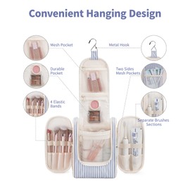 Narwey Small Striped Hanging Travel Toiletry Bag for Women, Travel Bag for Toiletries, Makeup Bag Organizer Cosmetic Bags Make Up Bags for Women (Greyish Blue Stripe)