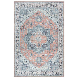 Bloom Rugs Washable Non-Slip 5' x 7' Rug - Coral/Blue Traditional Medallion Area Rug for Living Room, Bedroom, Dining Room, and Kitchen - Exact Size: 5' x 7'