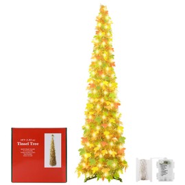 [ Timer ] 6Ft Lighted Fall Pop Up Tree - Artificial Fall Tinel Maple Tree with 100 Warm Lights, Battery Operated Collapsible Pencil Tinsel Fall Trees for Autum Harvest Thanksgiving Porch Home Decor