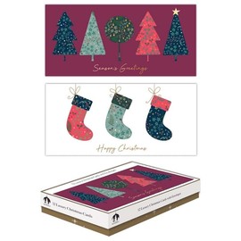 12 Luxury Christmas Cards Assorted Pack, Stockings/Festive Trees Scenes - Father Christmas Send a Greeting Card Class Children/Friends/Family