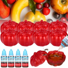 8 Pcs Indoor Fruit Fly Traps with 4 Bottles of Food Grade Lure Refill Liquid Pumpkin-Shaped Reusable Traps Effective Fruit Fly Bug Catcher for House, Kitchen, Bedroom, Dining Room, Trash Areas