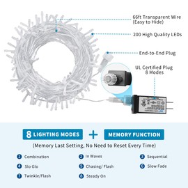 VTECHOLOGY Christmas String Lights, 66FT 200 LEDs Indoor String Lights 8 Modes with End-to-End Plug Fairy Lights Decoration for Indoor Outdoor, Multi Color (Clear Wire)