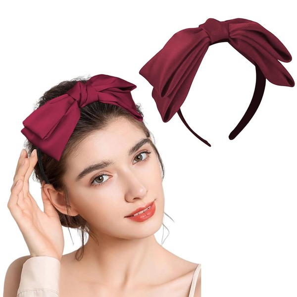 Zoestar Bow Headband, Vintage Satin Headbands, Big Bow Headbands, Party Elastic Hair Accessories for Women and Girls, 1 Piece (Red)