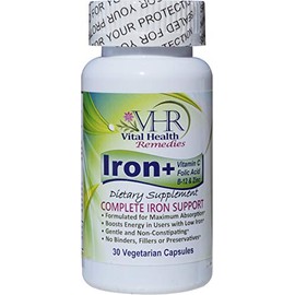 Iron+ with Vitamin C, FOLIC Acid, B-12 & ZINC Preservative-Free, Gentle and Non-constipating Formulated for Maximum Absorption. 30 Veggie caps - Vital Health Remedies