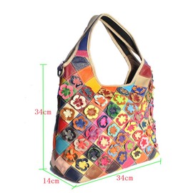 Women Multicolor Floral Shoulder Bag Cowhide Leather Handbag Vintage Totes Purse, Multicoloured