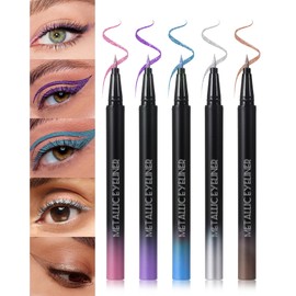 5 Colours Glitter Liquid Eyeliner Set, Silver Brown Blue Purple Pink Metallic Shimmer Eyeliner Waterproof Durable Ultra Fine Feather, High Pigment Eye Makeup for Cosplay Party Set