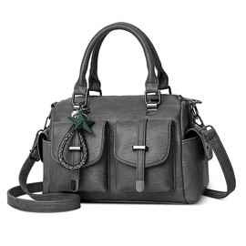 FOLOVEYA Fashion Women's Handbag Women Shoulder Bag with Flower Pearl Pendant Handbag Elegant Top Handle Bags PU Leather Shopper Shoulder Bag for Work Travel Dating, gray, L, Women's handbag