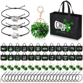 Landical 72 Pcs Cheerleading Gifts 24 Cheer Bags Portable 24 Pom Pom Keychain 24 Cheerleading Bracelet Canvas Makeup Bag Bulk Cheer Gifts Female Teammates Toiletries Accessories (Green)