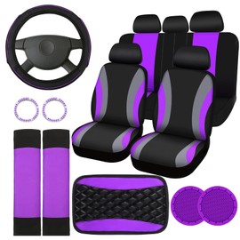 Sinmoe 17 Pcs Car Seat Covers Full Set, Steering Wheel Cover Center Console Pad Armrest Cover Seat Safety Belt Pad Seatbelt Covers Cup Mats Car Emblem Ring Sticker Accessories Set(Black, Purple)