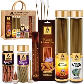 The Aroma Factory Devotion Giftpack(Kesar Chandan & White Sage Agarbatti, Mogra Dhoopbatti, Gugal Dhoop Cone, Kesar Chandan 30 Sticks) with Jute Bag No Charcoal, 100% Organic Incense (Devotion)