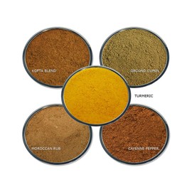 Moroccan Spice Gift Set- Contains: 5 different spice jars (1 each of: Ground Cumin, Moroccan Rub, Turmeric, Cayenne Pepper and Kofta Blend.)