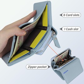 AdiStylinno Women Wallets, Trifold Leather Small Purse for Women, Solid Color Fashion Coin Purses Credit Card Wallet with Zipper Coin Pocket 6 Card Slots 1 Cash Slot (Blue)