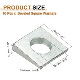 PATIKIL 10pcs Beveled Square Washers, M10x22mm Square Beveled Washers Bearing Strut Plate Flat Pad Spacer Carbon Steel for 10mm Bolts Wedge Shim Leveling Fastener Nut Bolt Gasket, Silver