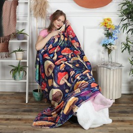 THE COLLECTION ROYAL Boho Throw Hippie Blanket and Aesthetic Room, Bedroom and Wall Decor Made from Fleece, Cozy and Warm Blankets and Throw for Winter or Gifts for Women (60x80, Mushroom Forest)