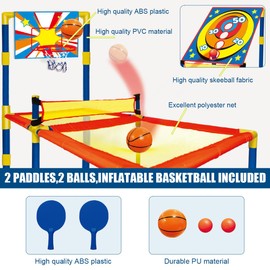 Hitish 3 in 1 Trampoline Ping Pong Table Tennis Basketball Ball Score Games for Kids, Includes 2 Paddles, 2 Balls and Inflatable Basketball, for Indoor or Outdoor Use