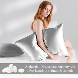 D&S Global 100% Mulberry Silk Pillowcase for Hair and Skin Health, Soft and Smooth, Natural Hypoallergenic, with Hidden Zipper (Standard 50x66 cm, Silver)