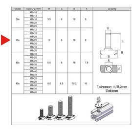 M8 x 20 mm, ranura en T de rosca métrica, tornillo en T deslizante, tornillo de cabeza de martillo, tornillo de tornillo en T para perfil de extrusión de aluminio de ranura en T estándar de 8 mm, acero al carbono niquelado (serie 30, 40 piezas)