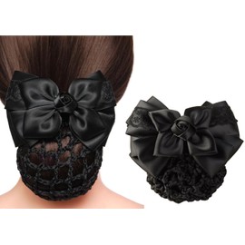 Ladies Black Bow Hair Net Satin Bow French Hair Clips Flower Hair Accessories for Stewardess, Banks, Hotels, Restaurant Employees