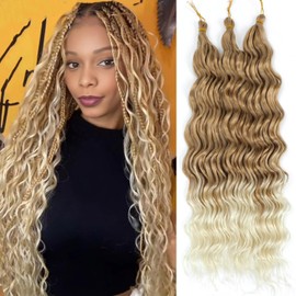 24 Inch Ocean Wave Crochet Hair 3 Packs Deep Wave Braiding Hair Curly Crochet Synthetic Braids Hair Extension for Women (27/613#, 24 Inch 3 Packs)