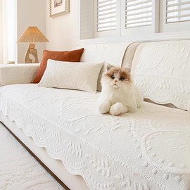 XSlive Leaf Floral Cotton Quilted Dog Couch Cover for Sofa Farmhouse Rustic Embroidered Sectional Couch Cover Soft Anti-Slip Sofa Slipcover Furniture Protector for Kids, Pets (White,36"x47")