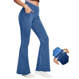 IUGA Bell Bottom Jeans for Women High Waisted Stretchy Flare Jeans Pull On Wide Leg Jeans V Cross Tummy Control Flare Pants Light Blue 31"