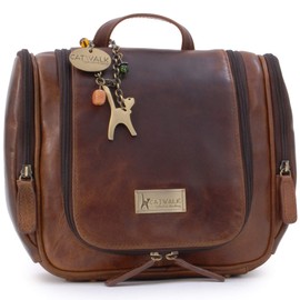 CATWALK COLLECTION HANDBAGS - Ladies Leather Hanging Travel Wash Bag - Cosmetic Make-up Organiser - Toiletry Overnight Bag - Maisie - Brown