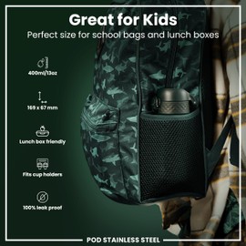 Ion8 Lightweight Steel Kids Water Bottle, 400ml/13oz, Non-Insulated, Leak Proof, Easy to Open, Secure Lock, Dishwasher Safe, Fits Cup Holders, Carry Handle, Metal Water Bottle, Dark Green