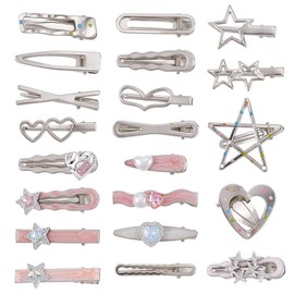 SOFPLATE 1 Box 21 Stück Silberne Haarspangen In Herz Und Sternform Glänzende Glitzer Haarspangen Mit Druckknopf Doppelstern Haarnadeln Zubehör Schleife Liebeskopfbedeckung Für Frauen Lange Und Kurze