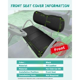 ILVGOLF Golf Cart Seat Covers for Club Car DS Front Seat Cushion, Vinyl Leather Made, Adjustable Straps and Retractable Buckle, No Stapler Required - Black