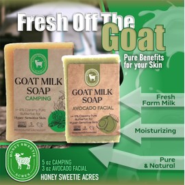 Honey Sweetie Acres Fresh of the Goat Face and Body Soap Bundle – 3 oz Avocado Facial Bar + 5 oz Hydrating Camping Goat Milk Soap – Handcrafted and Made in USA