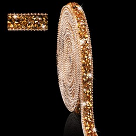 Hicarer 3 Yards Resin Rhinestone Ribbons Self Adhesive Diamond Crystal Ribbon Roll Glitter Resin Diamond Belt Bling Rhinestone for Wedding Shoes Clothing Decor(0.4 Inch,Gold)