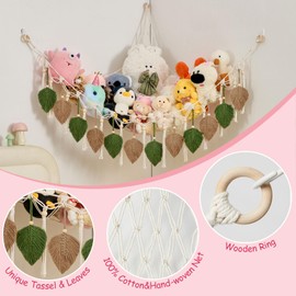 Pretty Jolly Macrame Leaf Wall Hanging Storage Hammock, 59" Boho Corner Organizer with Tassels, Stuffed Animal Plush Holder for Kids Room Nursery Decor (Avocado Green & Milk Coffee)