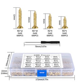 Small Self-Drilling Screws, 2400 Small Wood Screws, Phillips Screws, Flat Head Countersunk Self-Drilling Screws for Electronics DIY Woodworking - Gold