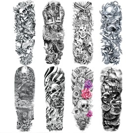 Pirate Skull Fake Tattoo Sleeve for Men, Full Arm Realistic Flower Skeleton Kraken Gun Temporary Tattoo Sleeve Women Adult, Large Black Octopus Sailboat Temp Tatoo Sticker Leg Body Art Makeup, 8-Sheet