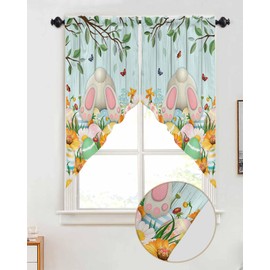 Easter Swag Valance Curtains Rabbit Butt Floral Sunflower Green Leaf Teal Wooden Board Rod Pocket Kitchen Curtains Scalloped Window Treatment Valances Swag Curtains for Living Room, 28" W x 36" L
