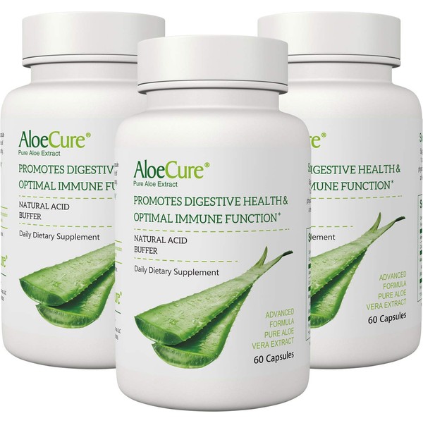 AloeCure Advanced Formula, 3-Pack, Twice a Day, 60 Capsules per Bottle, 130,000mg Equivalency, Support Your Digestive & Immune Health, Acid Buffer for Bouts of Acid Reflux and Heartburn