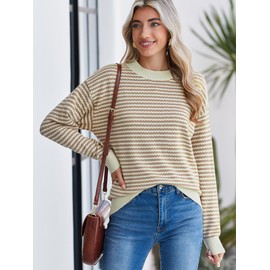 Famulily Women's Striped Round Neck Sweater Pullover Tops Long Sleeve Color Block Loose Jumper Sweatshirt (L, Khaki)