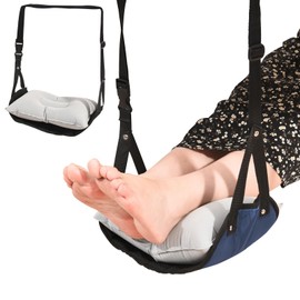 Airplane Foot Rest, Airplane Footrest with Inflatable Cushion, Portable Airplane Foot Hammock for Flight Office Desk Home Use, Comfortable Adjustable Foot Rest for Long Hours of Sitting, Dark Blue