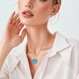 Turquoise Disc Pendant Necklace with Gold-Plated Chain, Boho Style, Handmade Statement Jewellery