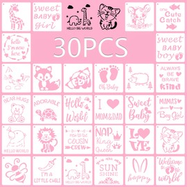 30 Pcs Baby Shower Stencils for Onesie Decorating Kit-Reusable 5 Inch Cute Phrase and Small Animal Kids Stencils for Painting on Boys Girls Bibs Shirt Bodysuit Baby Clothes