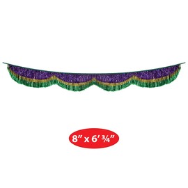 Beistle Mardi Gras Tinsel Fringe Bunting, Festive Green, Gold & Purple Garland Decoration, Sparkling Banner for Mardi Gras Parties, Parades & Events, 8” x 6’ 5”