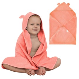 Organic Cotton Toddler Towel Poncho - Ultra-Soft for Boys & Girls 0-5T, Bath Towel with Bear Ears, Absorbent & Premium (Coral)