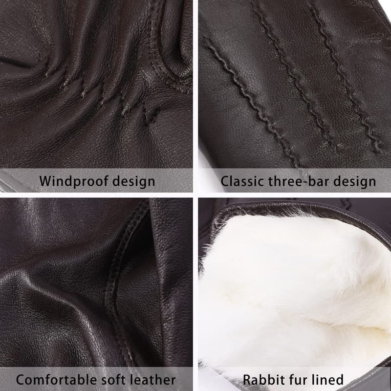 Harssidanzar Leather Gloves for Men, Winter 100% Rabbit Fur Lined
