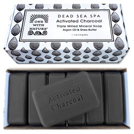 One With Nature Activated Charcoal Soap 4oz 6-Pack Gift Box – Detoxifying and Exfoliating Charcoal Soap Bar with Dead Sea Salt for Face & Body, for Men & Women