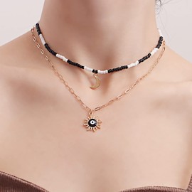 FARVEWRY Necklace for Women,Boho Shell Seashell Choker Pendant Layered Charm Puka Stars Moon Jewelry Hawaiian