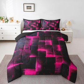 Hot Pink Black Bedding Queen 3D Glowing Buffalo Queen Comforter Set Modern Abstract Art Bedding Comforter Sets Geometric Plaid Duvet Insert, Gradient Futuristic Cubes Down Comforter (Black Reversible)