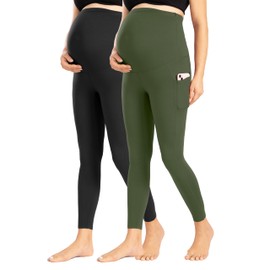 Enerful Women's Maternity Leggings Over The Belly with Pockets Pregnancy Pants Active Wear Workout Yoga Tights，Black Green Small