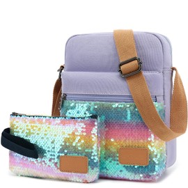 Leaper Girls Crossbody Purses 2 PCS Sequin Messenger Bag Canvas Crossbody Bag and Purse Set for Women Glitter Rainbow Purple