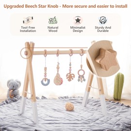 Wooden Baby Play Gym Foldable Baby Play Gym Frame Activity Center Hanging Bar with Gym Toys Natural Wood Play Gym Infants Newborn Gift for Baby Girls Boys